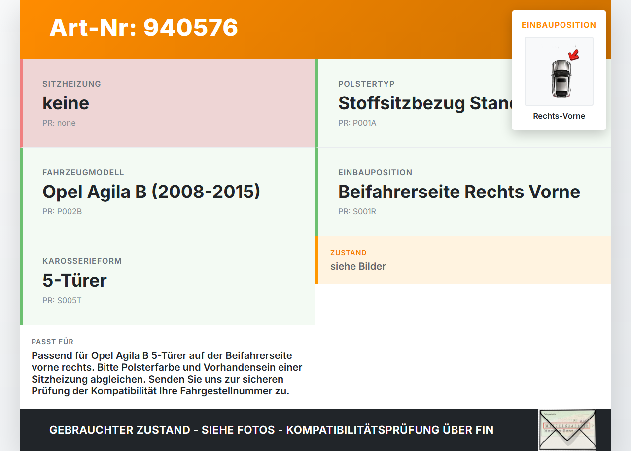 Opel Agila B 08-15 5T Sitzbezug Sitzpolster für Beifahrersitz Rechts Vorne Opel Agila B 08-15 10.07.2009 gebraucht Vorschau 3