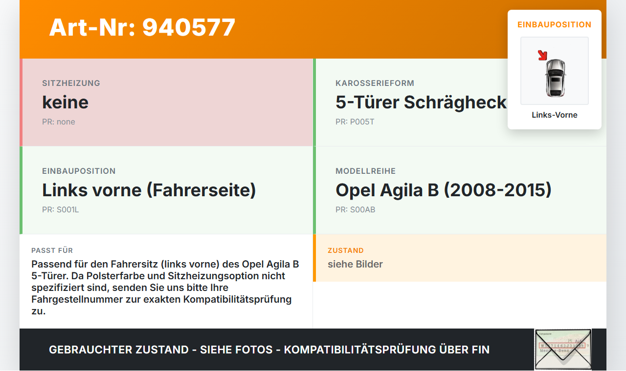 Opel Agila B 08-15 5T Sitzbezug Sitzpolster für Fahrersitz Sitz Links Vorne Opel Agila B 08-15 10.07.2009 gebraucht Vorschau 3