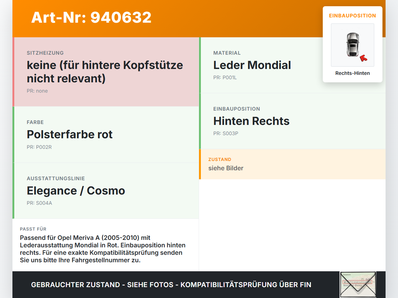 Opel Meriva A 05-10 Leder Kopfstütze Rechts Hinten Opel Meriva A 05-10 18.06.2008 gebraucht Vorschau 3