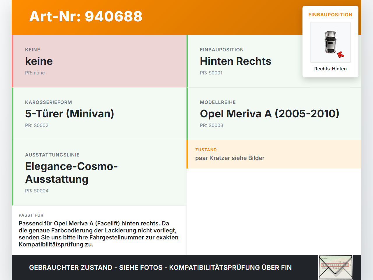 Opel Meriva A 05-10 5T Griff Türgriff Aussen Rechts Hinten Opel Meriva A 05-10 18.06.2008 gebraucht Vorschau 3