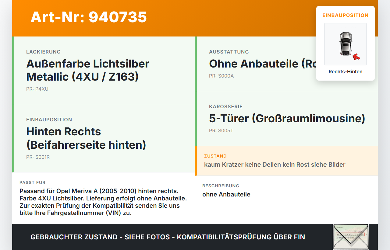 Opel Meriva A 05-10 5T Tür Rechts Hinten 4XU Opel Meriva A 05-10 18.06.2008 gebraucht Vorschau 3