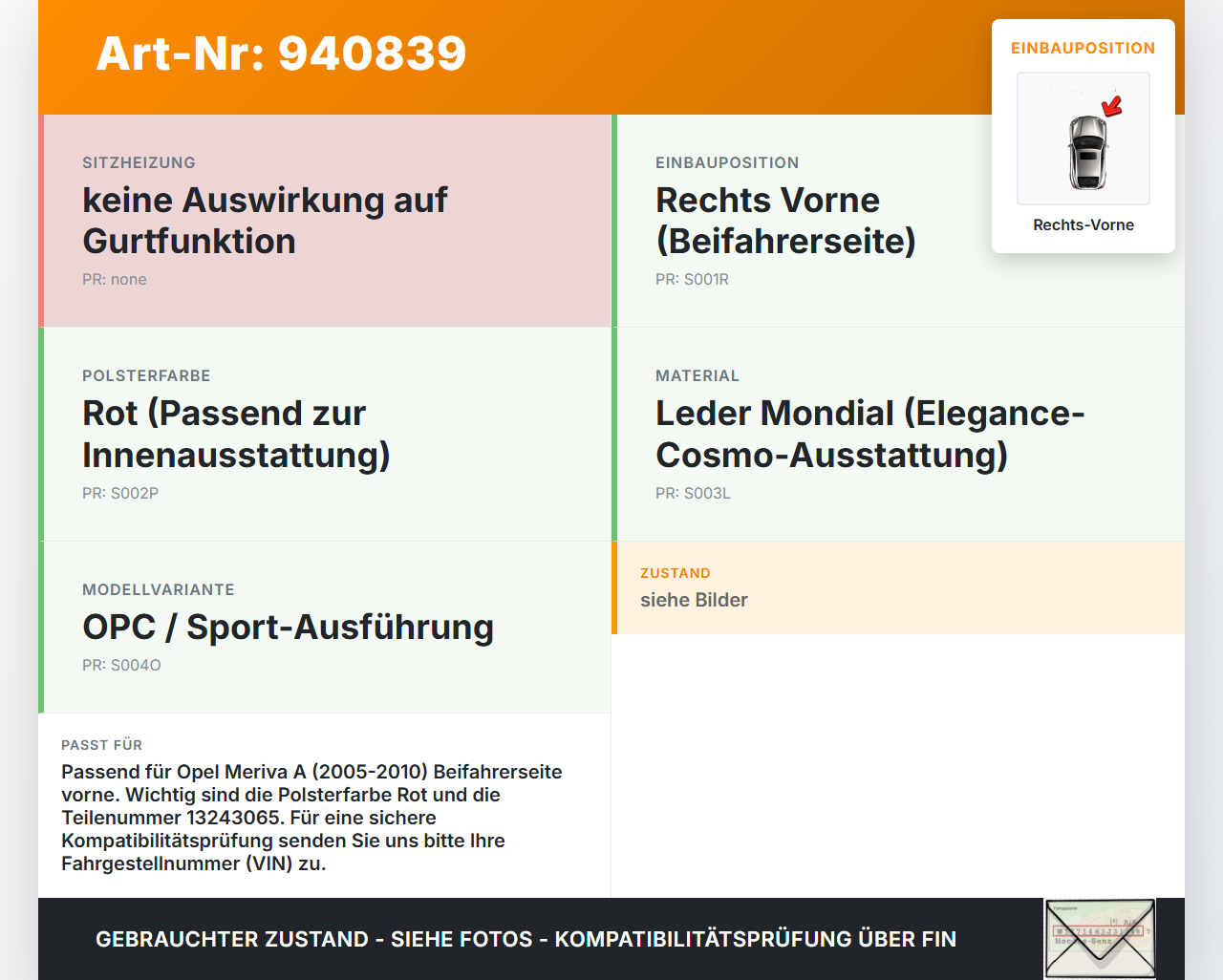 Opel Meriva A 05-10 5T Gurt Sicherheitsgurt Rechts Vorne Opel Meriva A 05-10 18.06.2008 13243065 608638061 gebraucht Vorschau 3