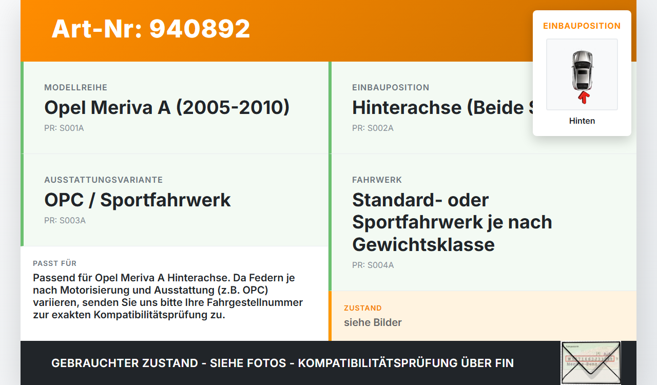 Opel Meriva A 05-10 5T Beide Feder Federn Hinten Opel Meriva A 05-10 18.06.2008 gebraucht Vorschau 3
