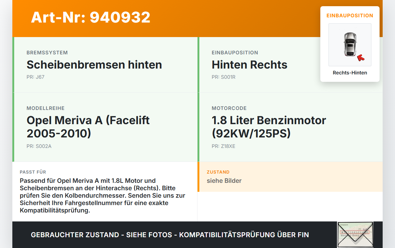 Opel Meriva A 05-10 1,8 92KW Bremssattel Bremszange Hinten Rechts Opel Meriva A 05-10 18.06.2008 gebraucht Vorschau 3