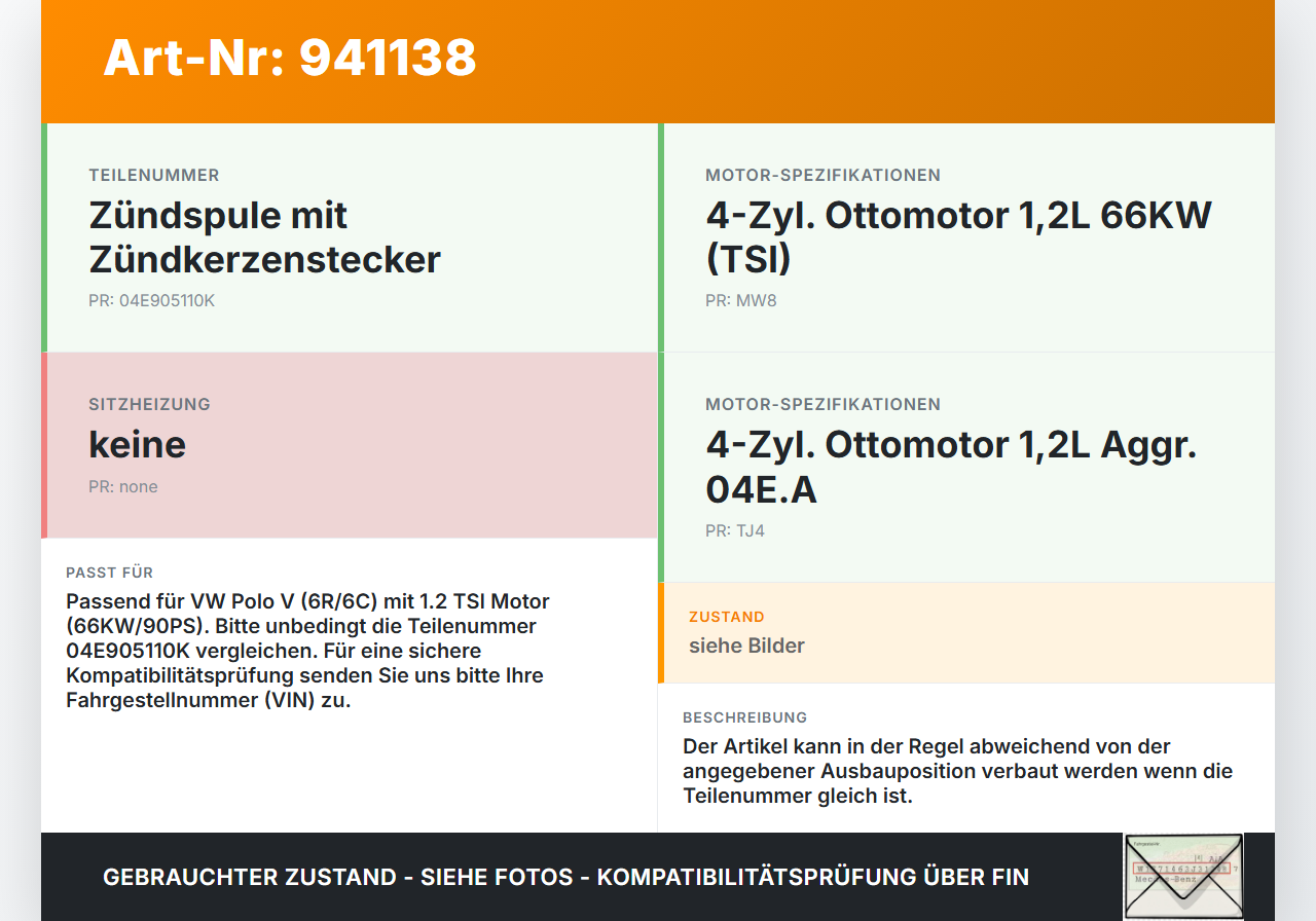 VW Polo V 6R 14-17 TSI 1,2 66KW Zündspule Zyl.3 VW Polo V 6R 14-17 25.04.2017 04E905110K 77300010 gebraucht Vorschau 3