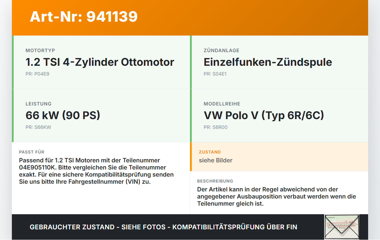 VW Polo V 6R 14-17 TSI 1,2 66KW Zündspule Zyl.4 VW Polo V 6R 14-17 25.04.2017 04E905110K 77300010 gebraucht Vorschau 3