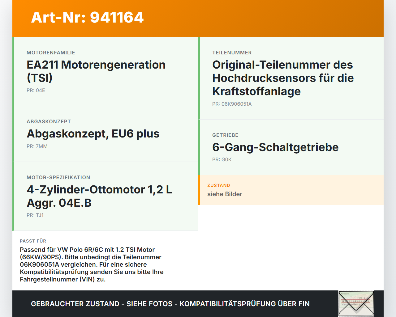 VW Polo V 6R 14-17 TSI 1,2 66KW Railsensor Drucksensor 1 VW Polo V 6R 14-17 25.04.2017 06K906051A 85PP49-02A gebraucht Vorschau 3
