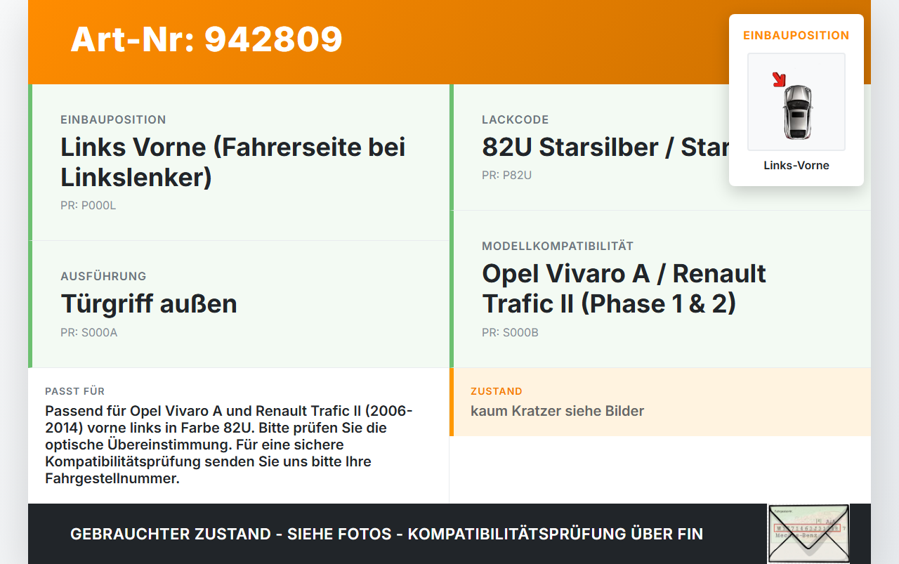 Opel Vivaro A F7 Trafic II 06-14 Kasten Türgriff Griff aussen Links Vorne 82U Opel Vivaro A F7 Trafic II 06-14... Vorschau 3
