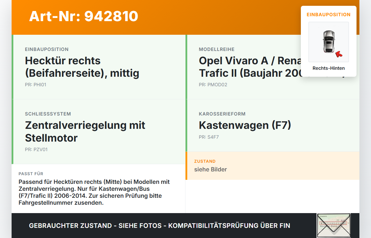 Opel Vivaro A F7 Trafic II 06-14 Kasten Türschloss m. ZV Stellmotor Rechts Hinten Mitte Opel Vivaro A F7 Trafic II... Vorschau 3