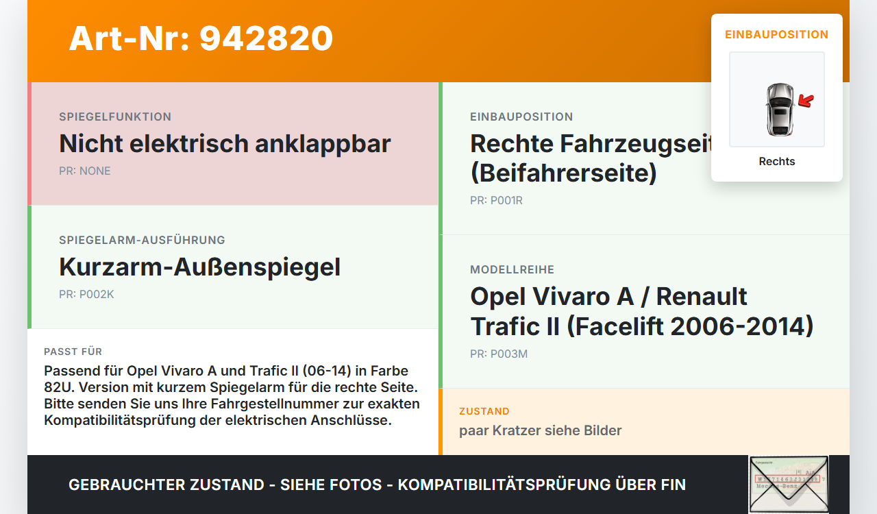Opel Vivaro A F7 Trafic II 06-14 Spiegel Aussenspiegel Rechts 82U Opel Vivaro A F7 Trafic II 06-14 19.01.2011 gebraucht Vorschau 3