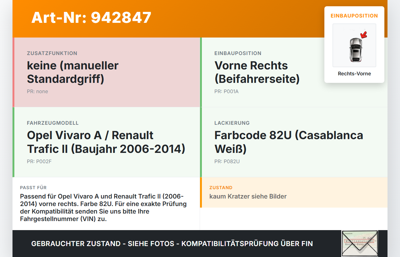 Opel Vivaro A F7 Trafic II 06-14 Kasten Türgriff Griff aussen Rechts Vorne 82U Opel Vivaro A F7 Trafic II 06-14... Vorschau 3