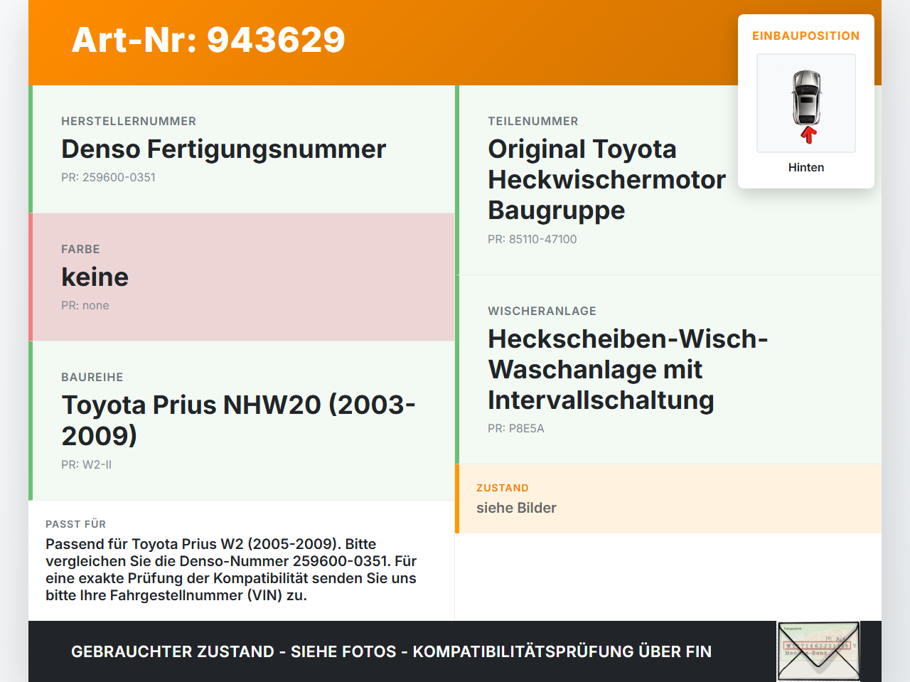 Toyota Prius W2 II 05-09 Wischermotor Hinten Heckwischermotor Toyota Prius W2 II 05-09 01.04.2004 85130-47010... Vorschau 3