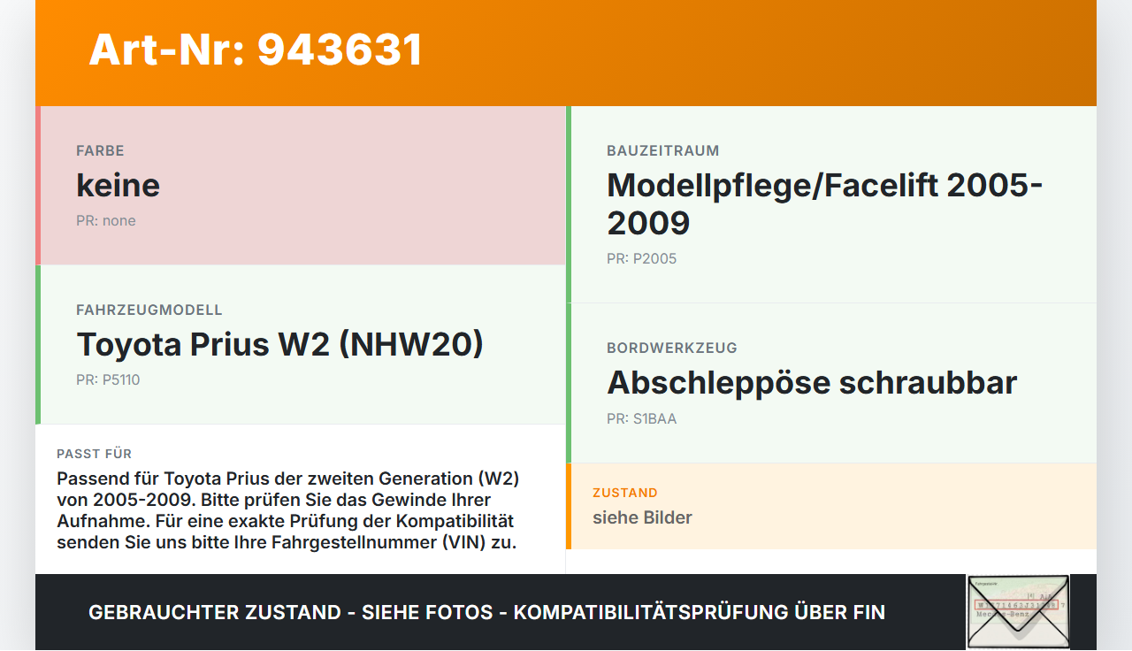 Toyota Prius W2 II 05-09 Abschleppöse Abschlepphaken Toyota Prius W2 II 05-09 01.04.2004 gebraucht Vorschau 3