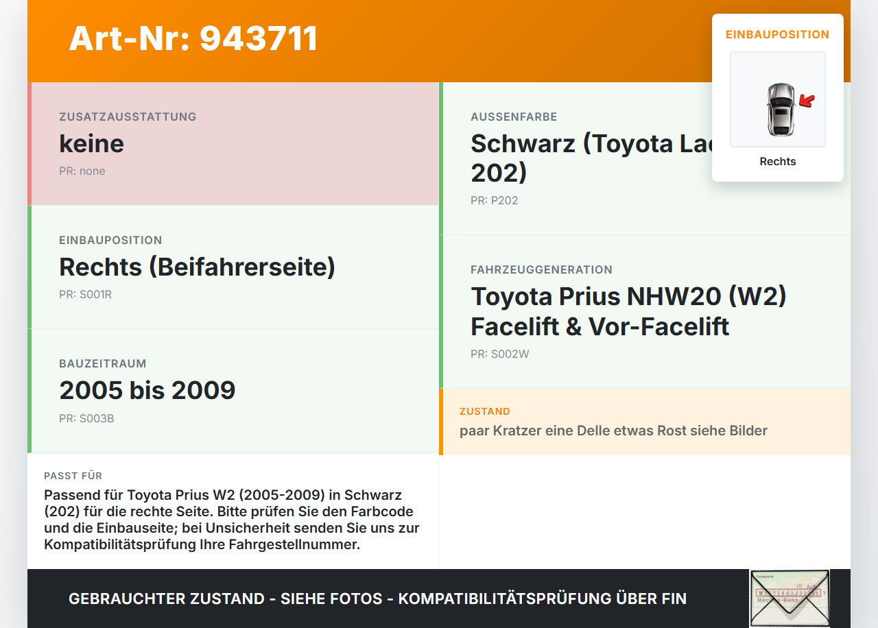 Toyota Prius W2 II 05-09 Kotflügel Rechts 202 Toyota Prius W2 II 05-09 01.04.2004 gebraucht Vorschau 3
