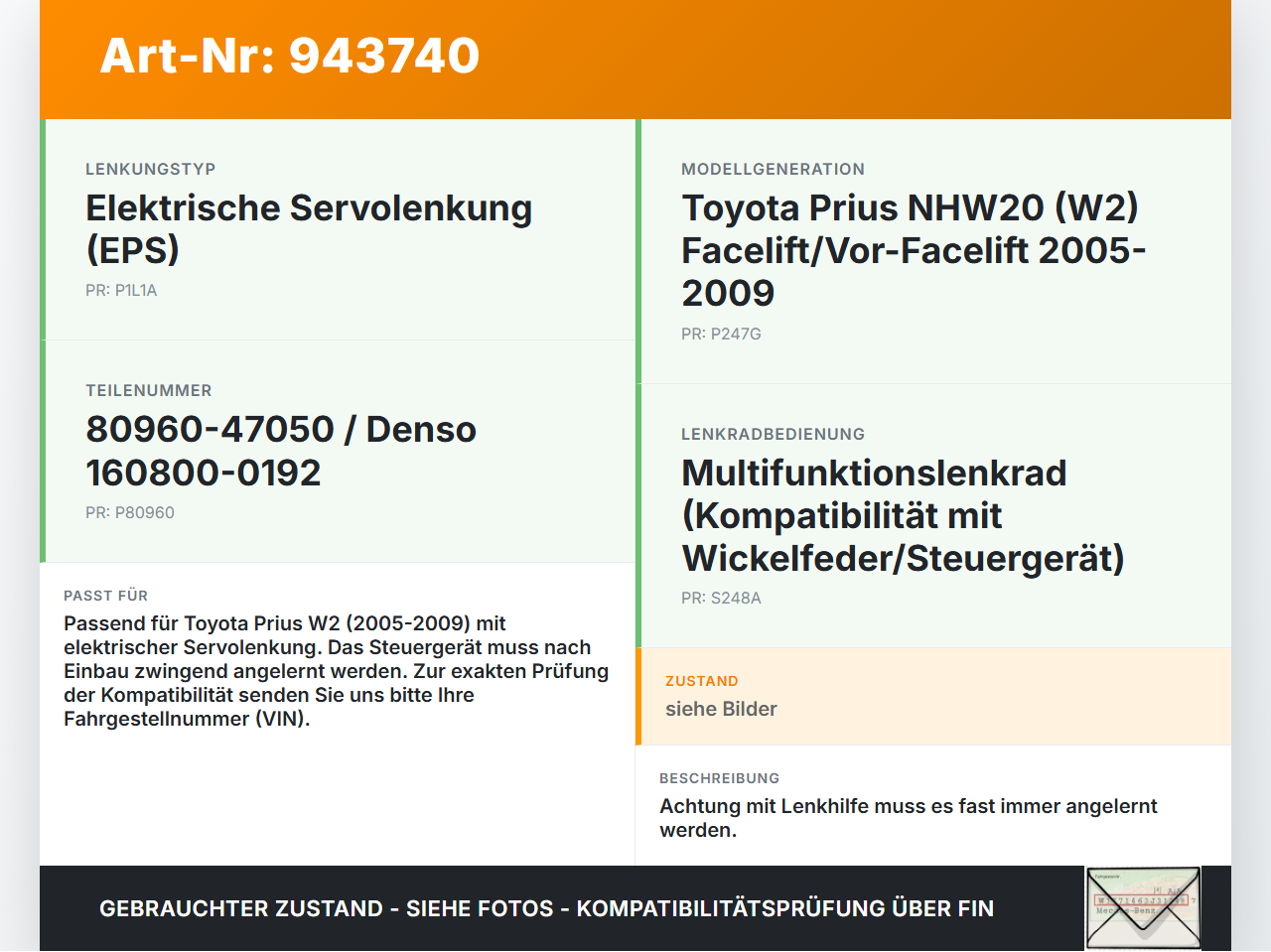 Toyota Prius W2 II 05-09 Lenkhilfe elektr. Toyota Prius W2 II 05-09 01.04.2004 80960-47050 160800-0192 gebraucht Vorschau 3