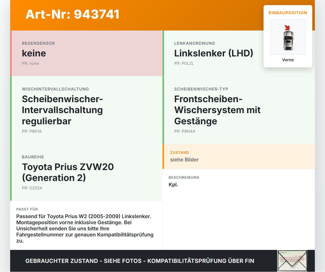 Toyota Prius W2 II 05-09 Scheibenwischermotor Wischermotor m. Gestänge Vorne Toyota Prius W2 II 05-09 01.04.2004... Vorschau 3