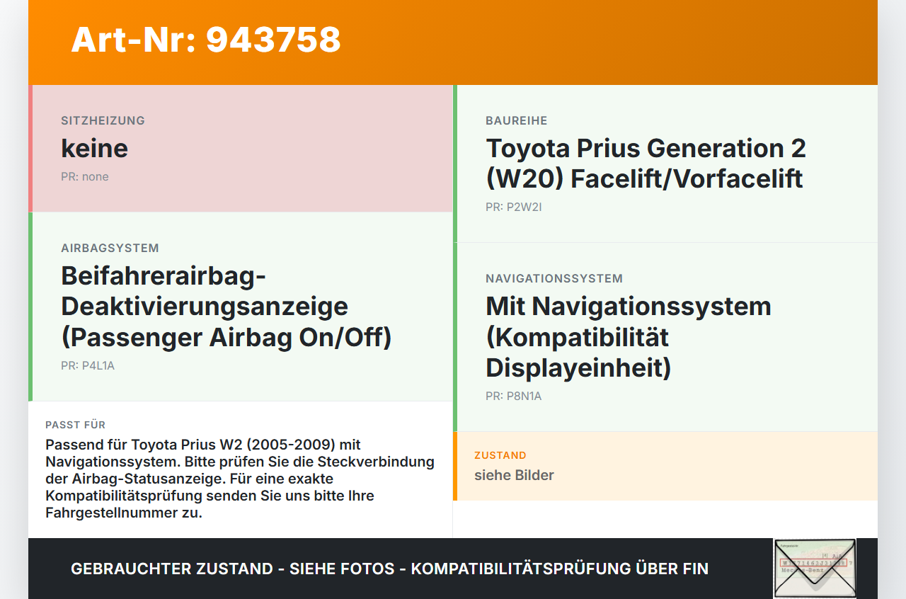 Toyota Prius W2 II 05-09 Airbaganzeige Indikator Warnsystem Display Monitor Toyota Prius W2 II 05-09 01.04.2004... Vorschau 3