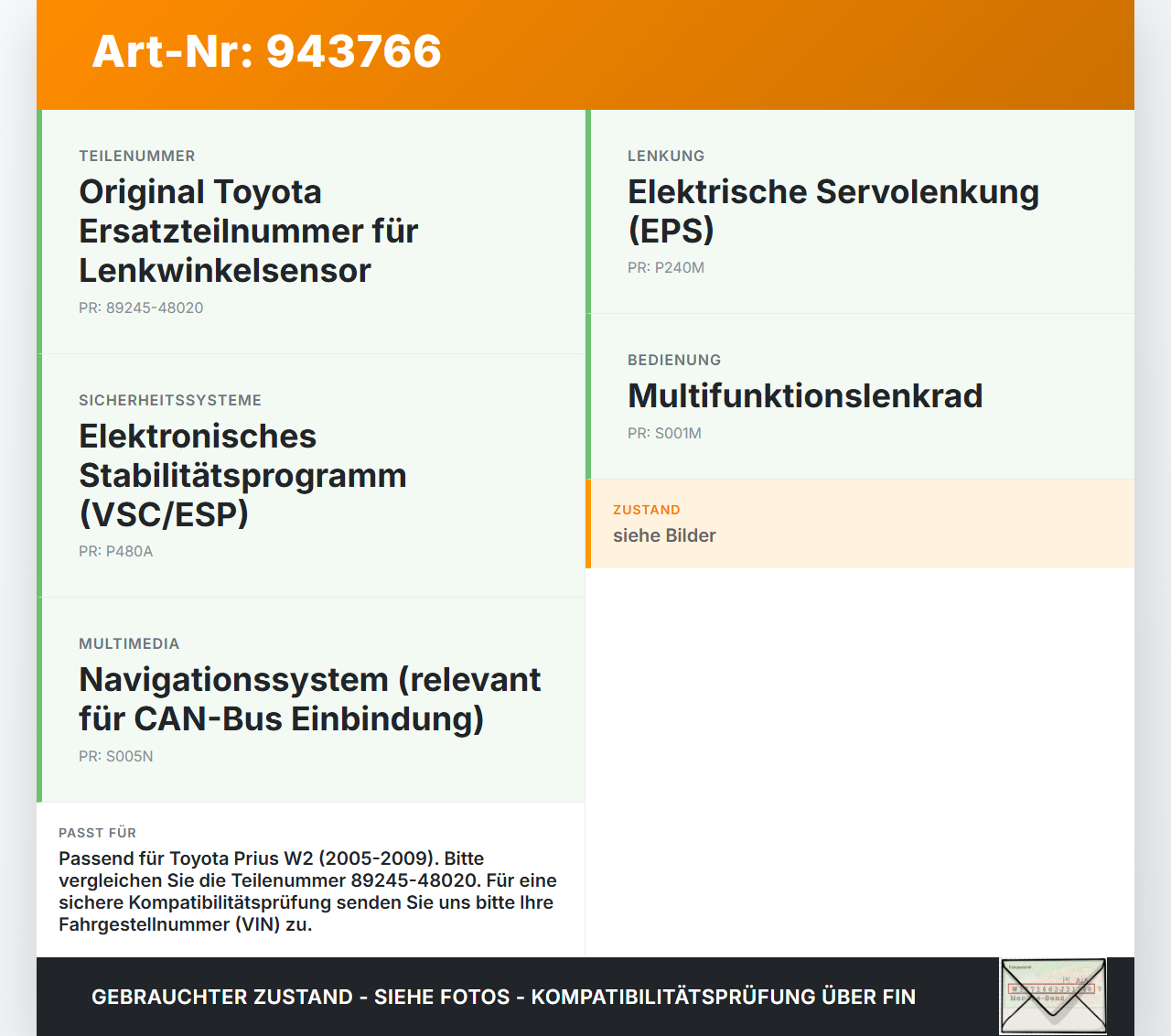 Toyota Prius W2 II 05-09 Lenkwinkelsensor Toyota Prius W2 II 05-09 01.04.2004 89245-48020 gebraucht Vorschau 3