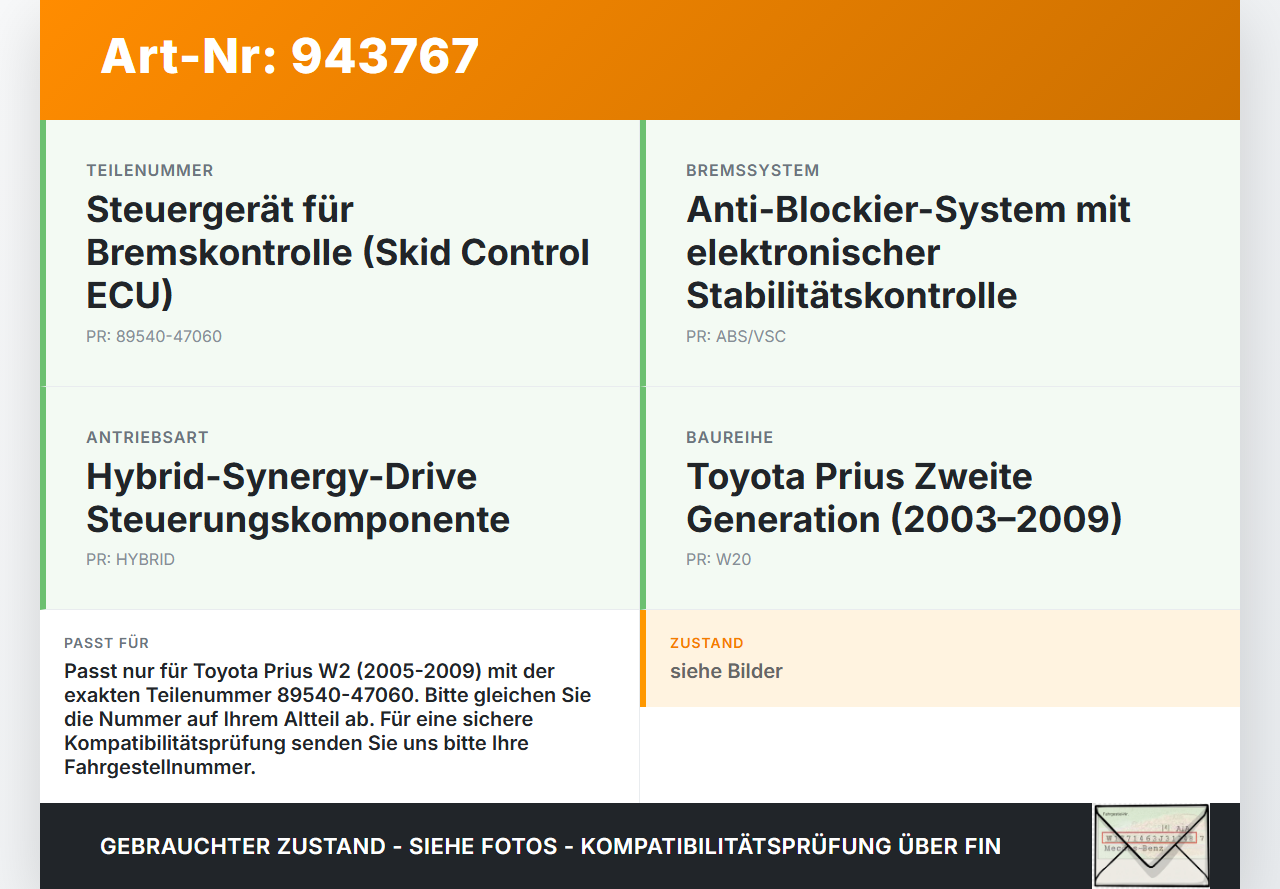 Toyota Prius W2 II 05-09 Steuergerät SG Skid Modul Toyota Prius W2 II 05-09 01.04.2004 89540-47060 gebraucht Vorschau 3