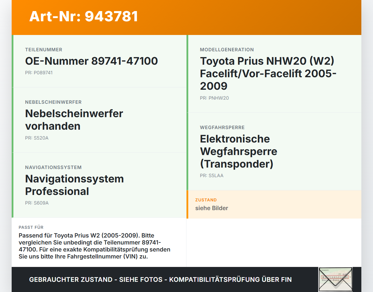 Toyota Prius W2 II 05-09 Steuergerät Wegfahrsperre Toyota Prius W2 II 05-09 01.04.2004 89741-47100 gebraucht Vorschau 3