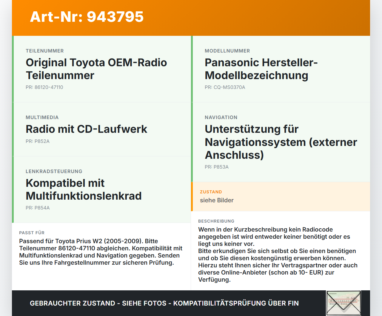 Toyota Prius W2 II 05-09 Autoradio CD-Radio Toyota Prius W2 II 05-09 01.04.2004 86120-47110 CQ-MS0370A gebraucht Vorschau 3