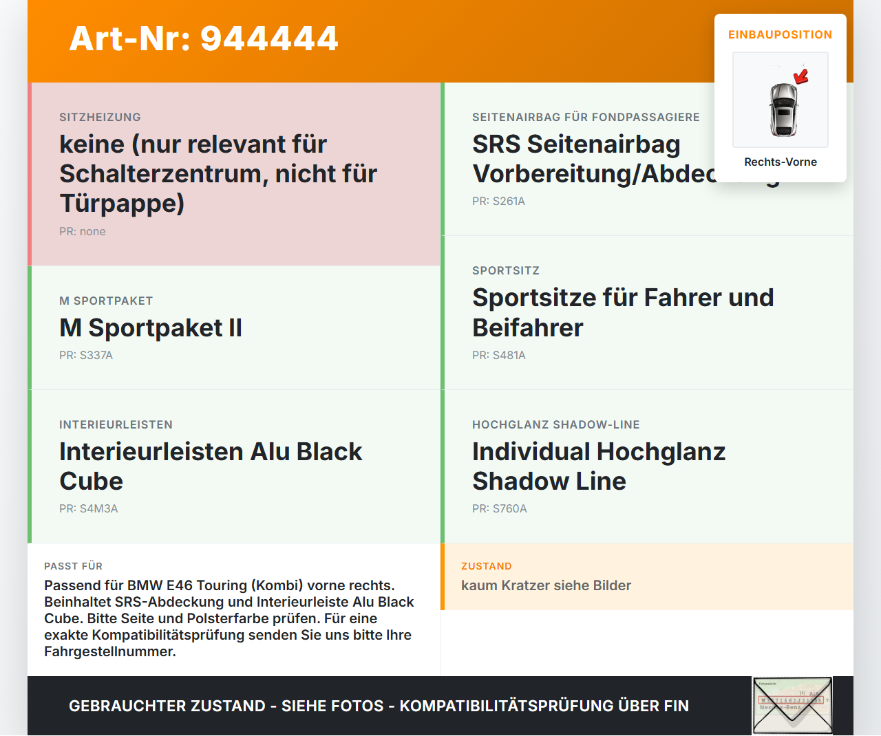 BMW E46 320D 01-06 Kombi Türverkleidung Türpappe Rechts Vorne SRS BMW E46 320D 01-06 29.03.2006 gebraucht Vorschau 3