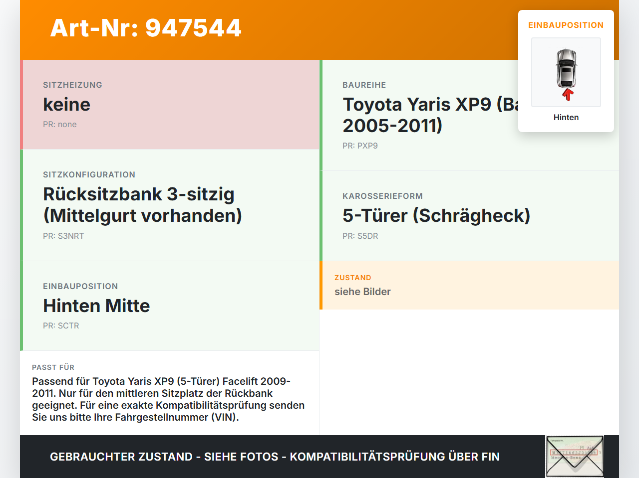 Toyota Yaris XP9 09-11 5T Gurtschloss Mitte Hinten Toyota Yaris XP9 09-11 08.04.2011 G056702 gebraucht Vorschau 3