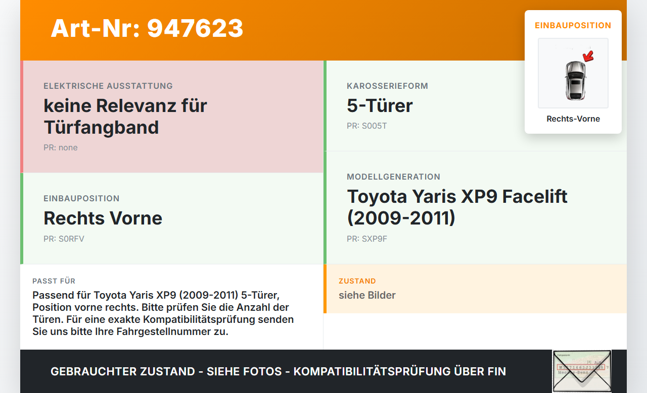 Toyota Yaris XP9 09-11 5T Türfangband Türbremse Türanschlag Rechts Vorne Toyota Yaris XP9 09-11 08.04.2011 gebraucht Vorschau 3