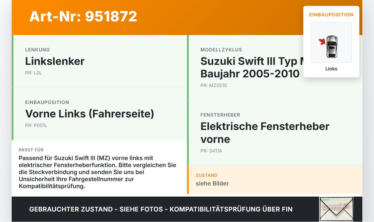 Suzuki Swift III MZ 05-10 Kombi Fensterhebermotor Fensterheber Links Vo Suzuki Swift III MZ 05-10 28.11.2006 gebraucht Vorschau 3