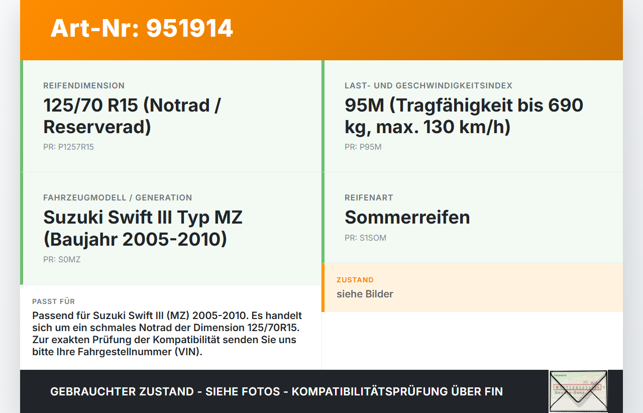 Suzuki Swift III MZ 05-10 1x Reifen Sommerreifen Falken 125/70R15 95M mm Suzuki Swift III MZ 05-10 28.11.2006 gebraucht Vorschau 3