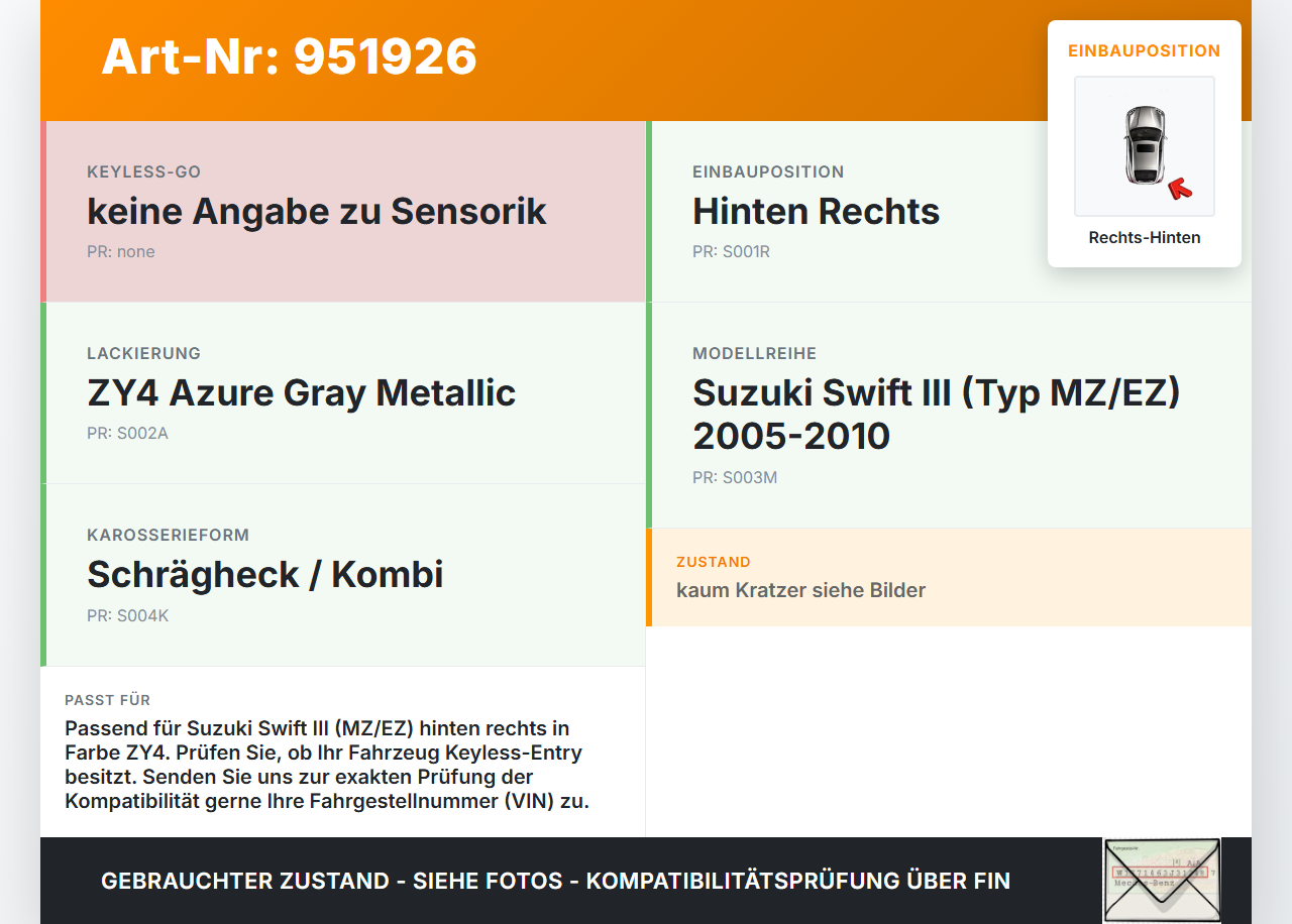 Suzuki Swift III MZ 05-10 Kombi Türgriff Griff aussen Rechts Hinten ZY4 Suzuki Swift III MZ 05-10 28.11.2006 gebraucht Vorschau 3