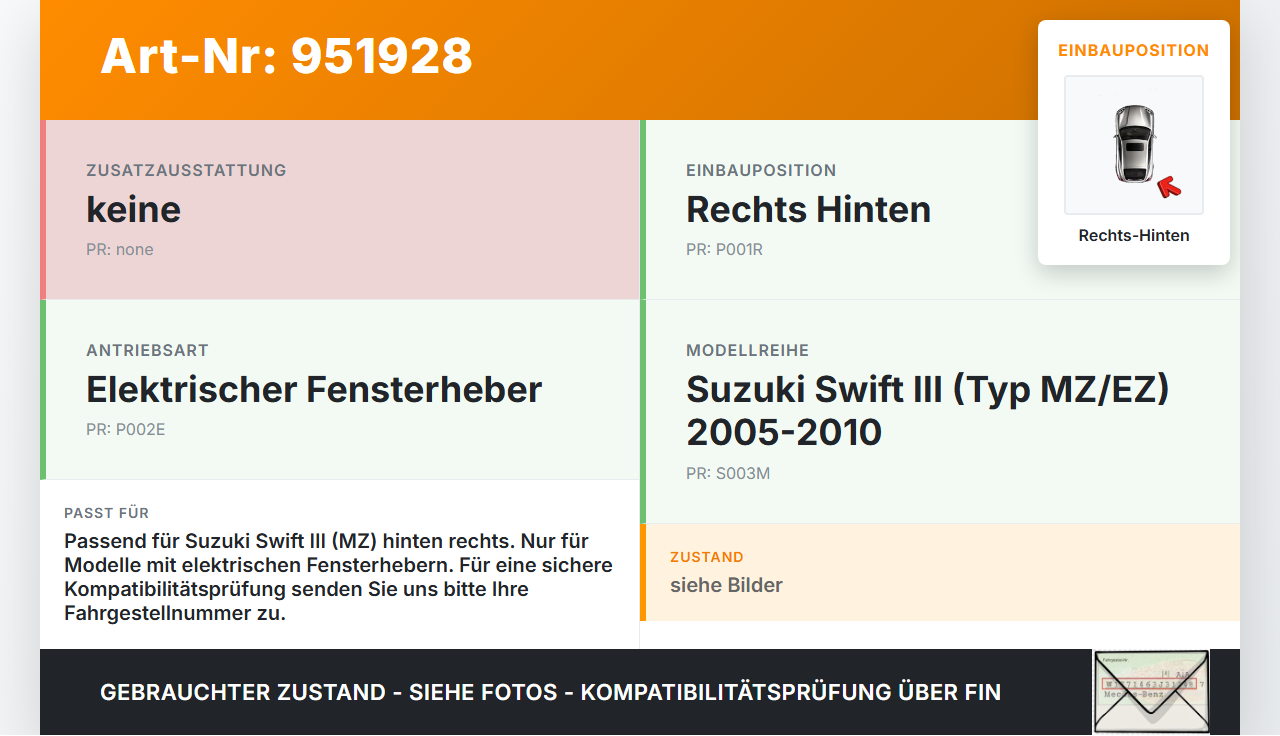 Suzuki Swift III MZ 05-10 Kombi Fensterhebermotor mit Fensterheber Rechts Hinten Suzuki Swift III MZ 05-10... Vorschau 3