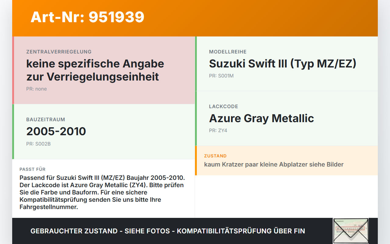 Suzuki Swift III MZ 05-10 Tankdeckel Tankklappe ZY4 Suzuki Swift III MZ 05-10 28.11.2006 gebraucht Vorschau 3