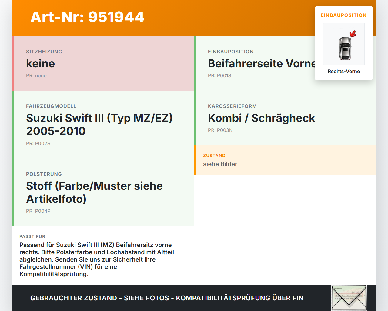 Suzuki Swift III MZ 05-10 Kombi Kopfstütze für Beifahrer Sitz Rechts Vorne Suzuki Swift III MZ 05-10 28.11.2006... Vorschau 3