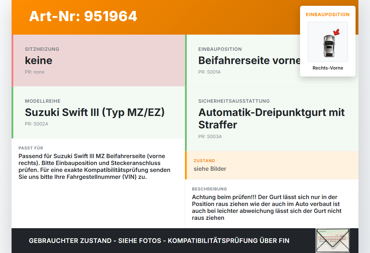Suzuki Swift III MZ 05-10 Kombi Gurt Sicherheitsgurt Gurtstraffer für Beifahrer Rechts Vorne Suzuki Swift III MZ... Vorschau 3