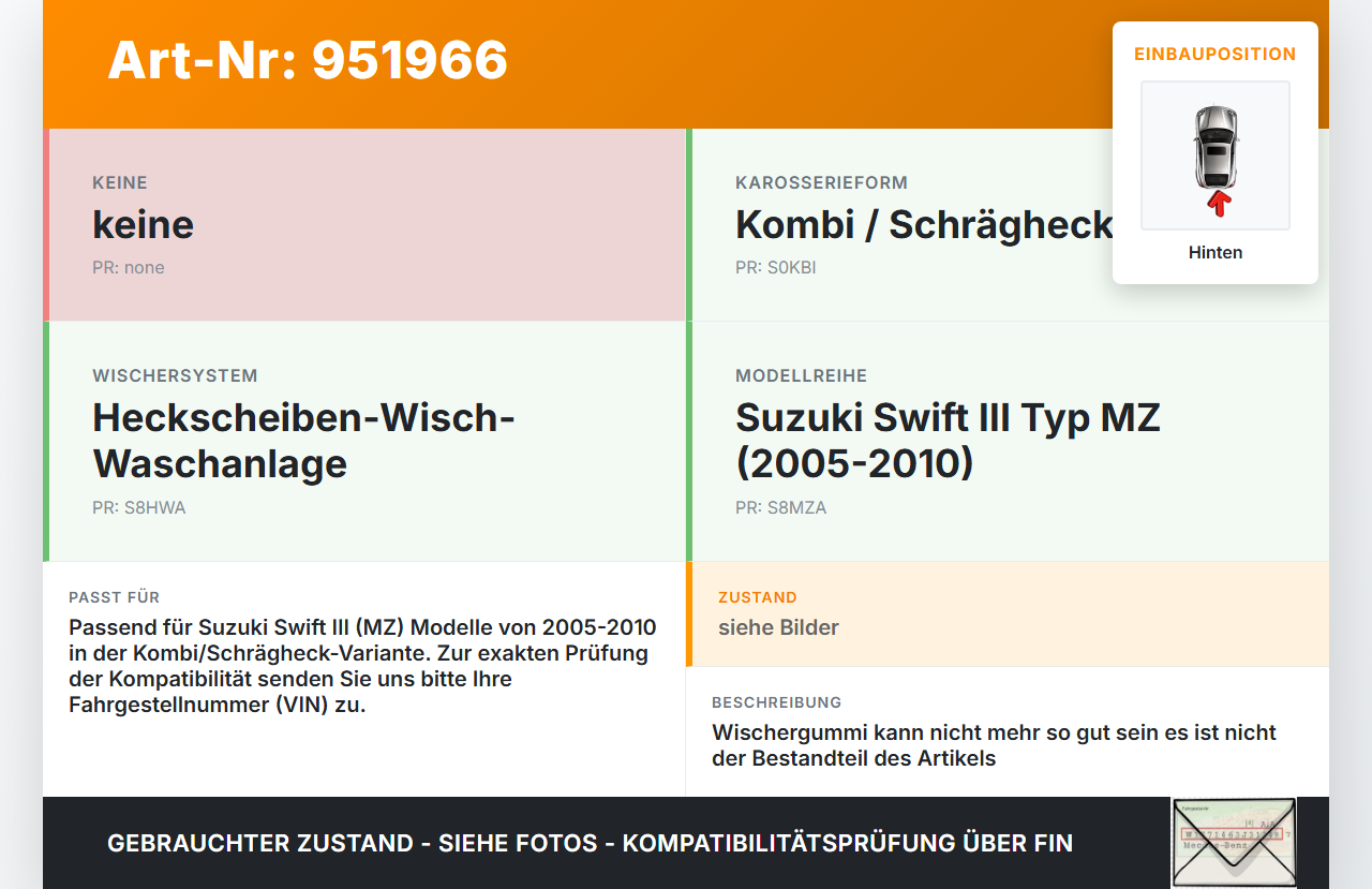 Suzuki Swift III MZ 05-10 Kombi Heckwischer Scheibenwischer Hinten Wischarm Suzuki Swift III MZ 05-10 28.11.2006... Vorschau 3