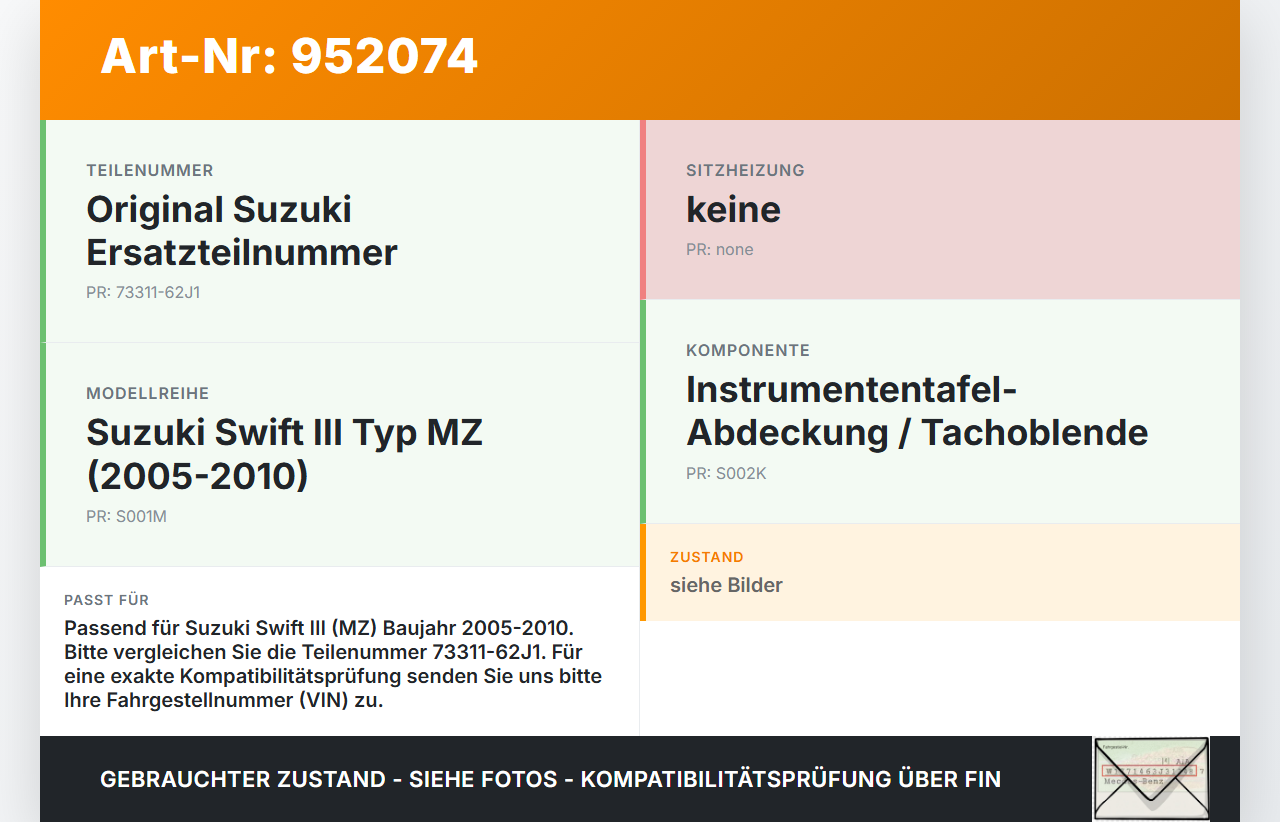 Suzuki Swift III MZ 05-10 Verkleidung Tacho Suzuki Swift III MZ 05-10 28.11.2006 73311-62J1 gebraucht Vorschau 3