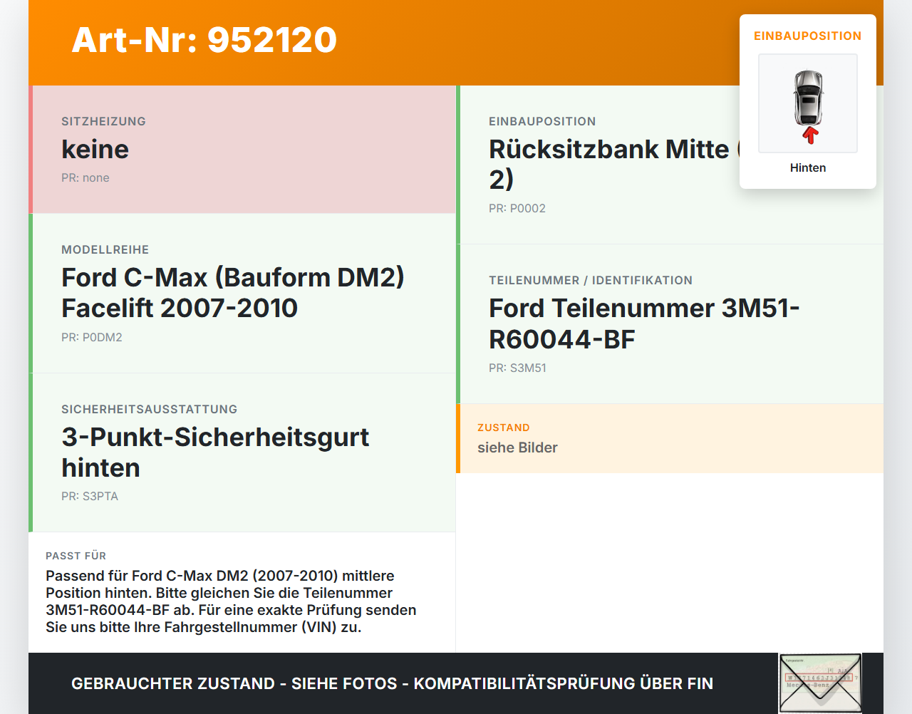 Ford C-Max DM2 07-10 Gurtschloss Mitte Hinten Pos.2 Ford C-Max DM2 07-10 10.07.2010 3M51-R60044-BF gebraucht Vorschau 3