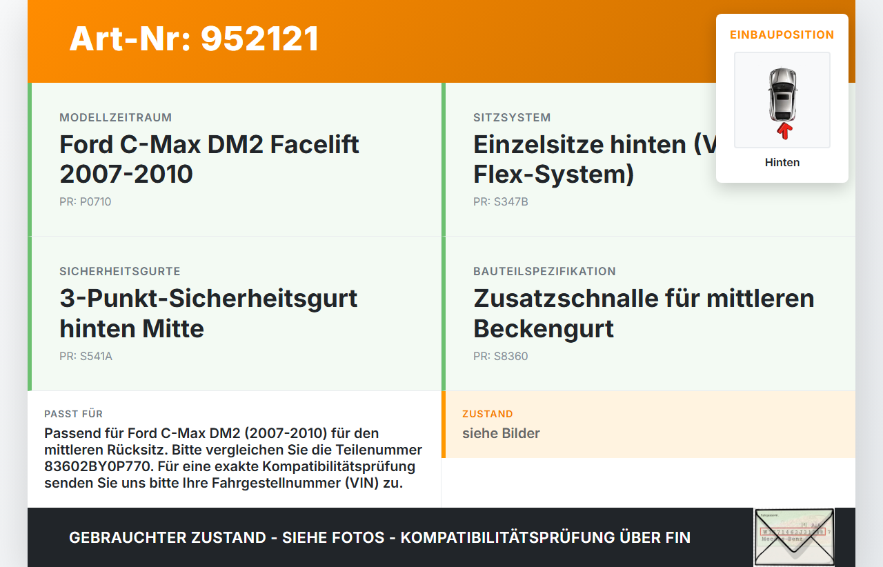 Ford C-Max DM2 07-10 Gurtschloss Mitte Hinten Zusatzschnalle Ford C-Max DM2 07-10 10.07.2010 83602BY0P770 gebraucht Vorschau 3