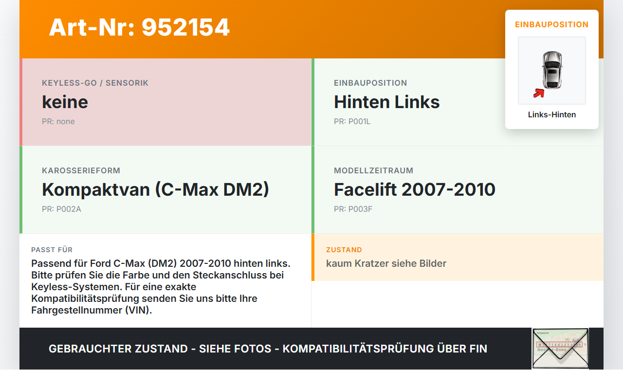 Ford C-Max DM2 07-10 Türgriff Griff aussen Links Hinten  H4 Ford C-Max DM2 07-10 10.07.2010 gebraucht Vorschau 3