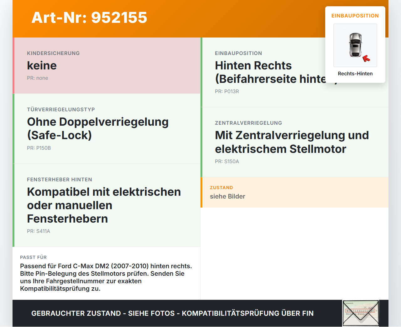 Ford C-Max DM2 07-10 Türschloss m. ZV Stellmotor Rechts Hinten Ford C-Max DM2 07-10 10.07.2010 3M5A-R26412-BS gebraucht Vorschau 3