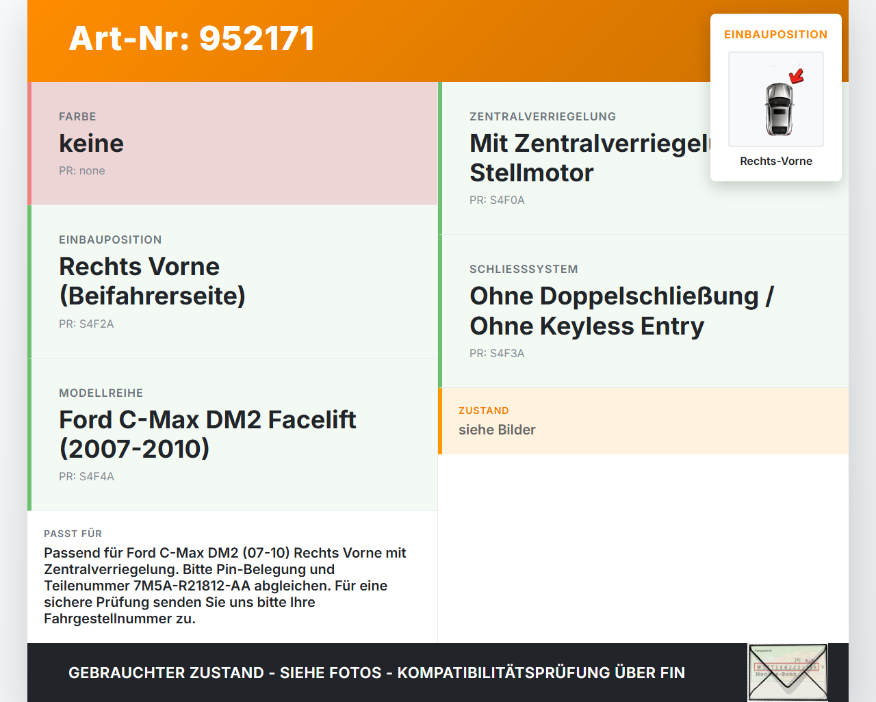 Ford C-Max DM2 07-10 Türschloss m. ZV Stellmotor Rechts Vorne Ford C-Max DM2 07-10 10.07.2010 7M5A-R21812-AA gebraucht Vorschau 3