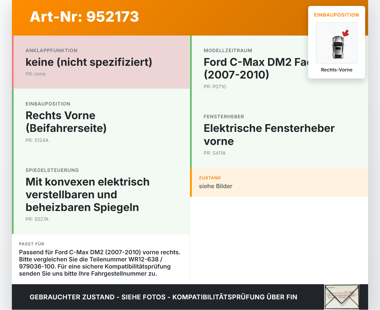 Ford C-Max DM2 07-10 Fensterhebermotor Rechts Vorne Ford C-Max DM2 07-10 10.07.2010 979036-100 WR12-638 gebraucht Vorschau 3