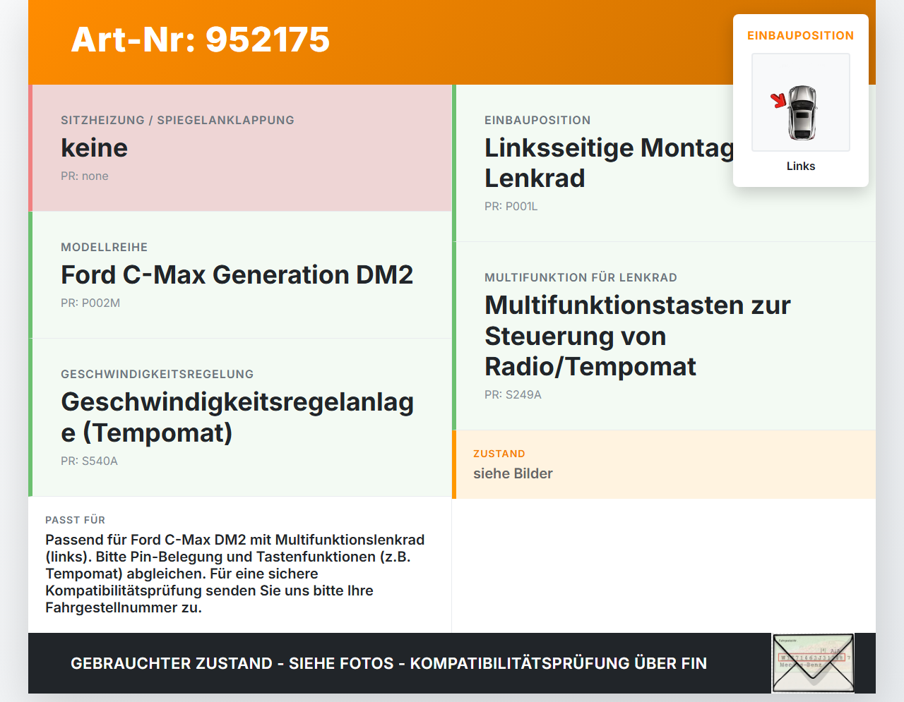 Ford C-Max DM2 07-10 Lenkradschalter Multifunktionstasten Lenkrad Schalter Links Ford C-Max DM2 07-10 10.07.2010... Vorschau 3