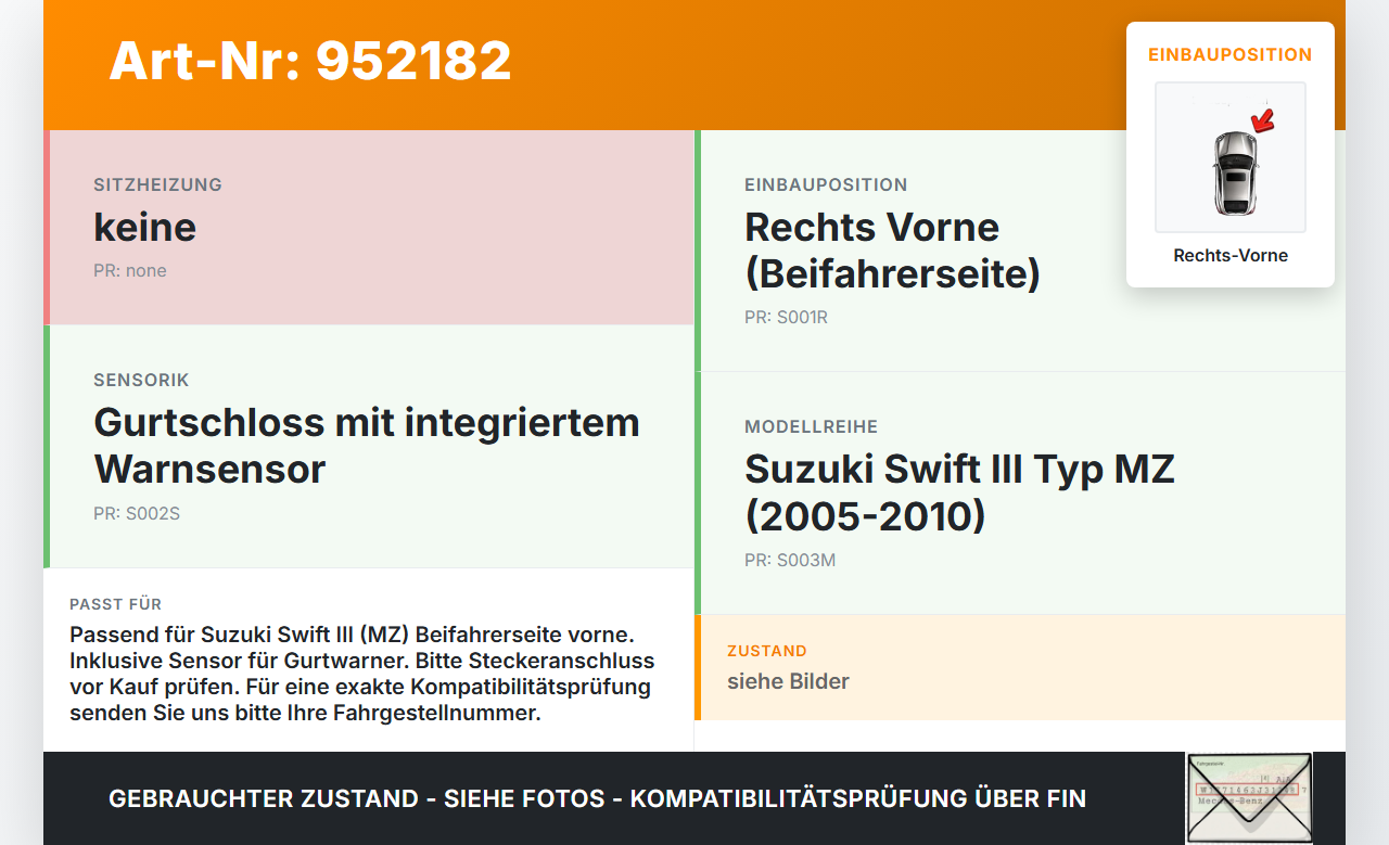 Suzuki Swift III MZ 05-10 Kombi Gurtschloss mit Sensor Rechts Vorne Suzuki Swift III MZ 05-10 28.11.2006 B-480... Vorschau 3