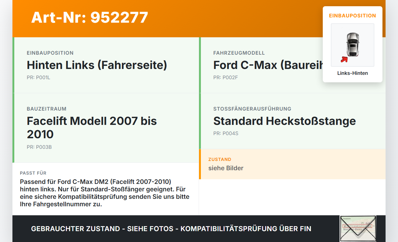 Ford C-Max DM2 07-10 Reflektor für Stoßstange Hinten Links Ford C-Max DM2 07-10 10.07.2010 gebraucht Vorschau 3