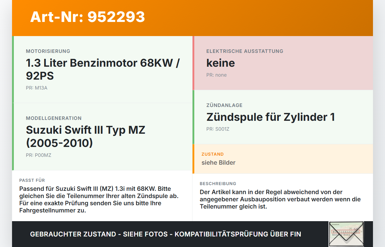 Suzuki Swift III MZ 05-10 1,3i 68KW Zündspule Zyl.1 Suzuki Swift III MZ 05-10 28.11.2006 20472 gebraucht Vorschau 3