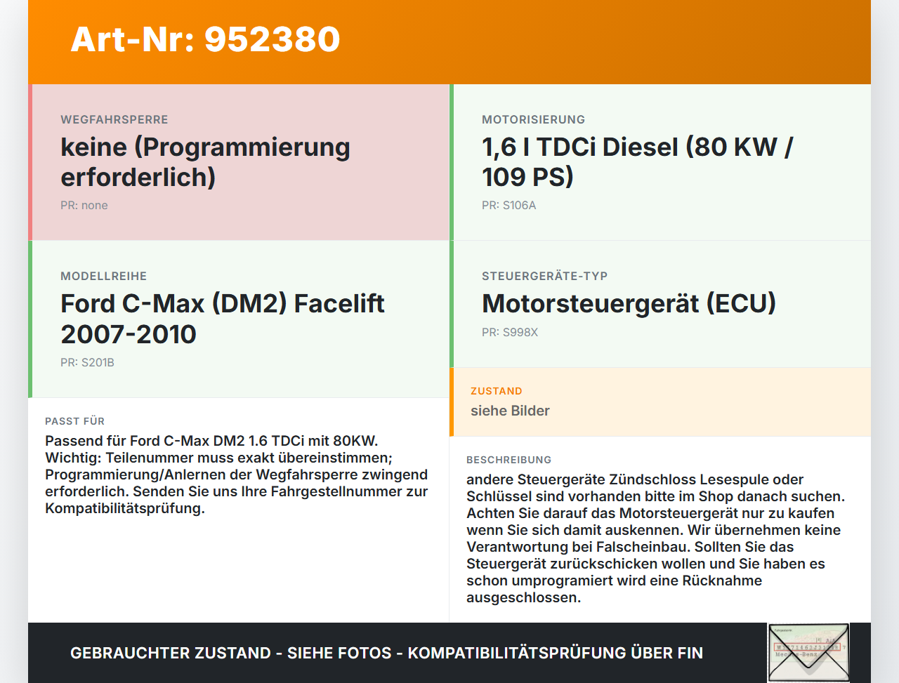 Ford C-Max DM2 07-10 TDCi 1,6 80KW Steuergerät ECU für Motor Motorsteuergerät Ford C-Max DM2 07-10 10.07.2010... Vorschau 3
