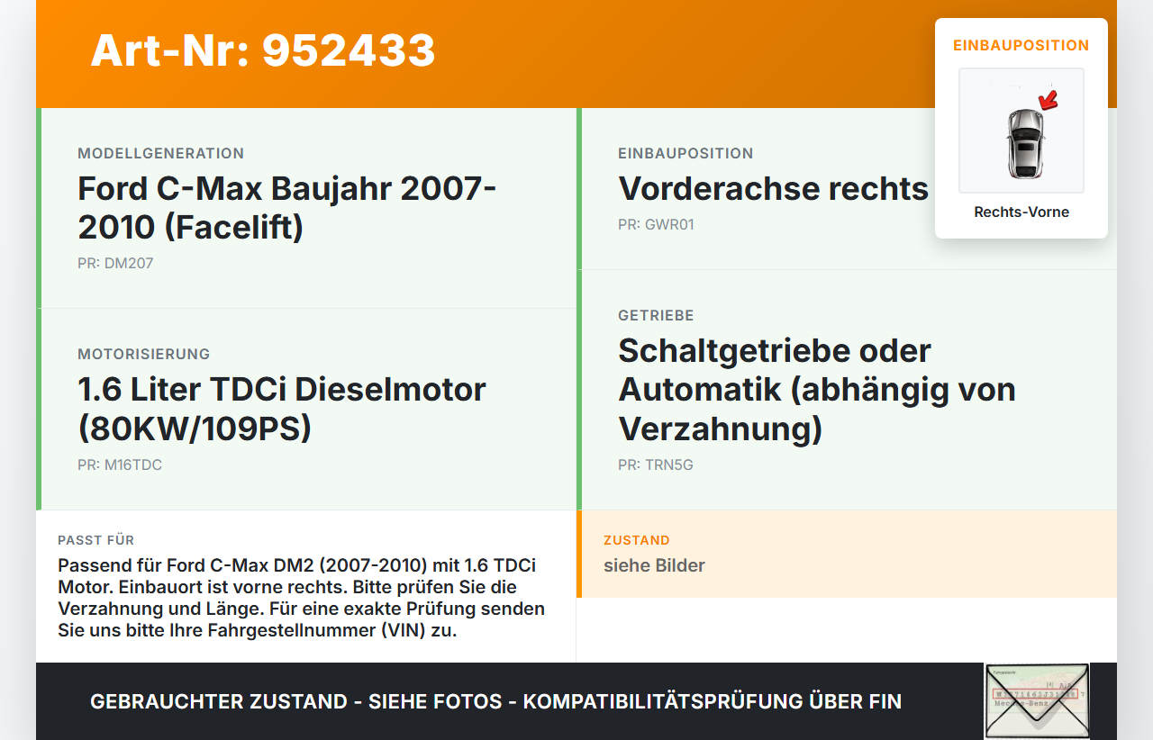 Ford C-Max DM2 07-10 TDCi 1,6 80KW Antriebswelle Gelenkwelle Rechts Vorne Ford C-Max DM2 07-10 10.07.2010 gebraucht Vorschau 3