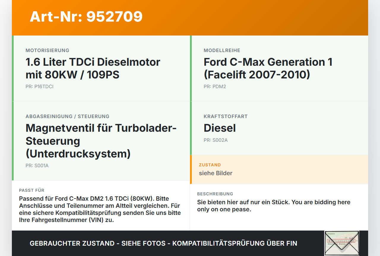 Ford C-Max DM2 07-10 TDCi 1,6 80KW Magnetventil Steuerventil Ford C-Max DM2 07-10 10.07.2010 7.00968.04.0 gebraucht Vorschau 3